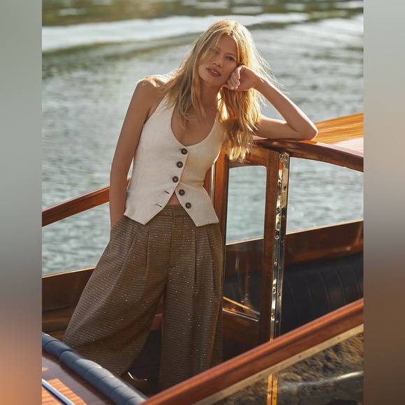 Anthropologie Maeve Pleated Wide-Leg Houndstooth Trousers | Size 0 - Picture 2 of 9